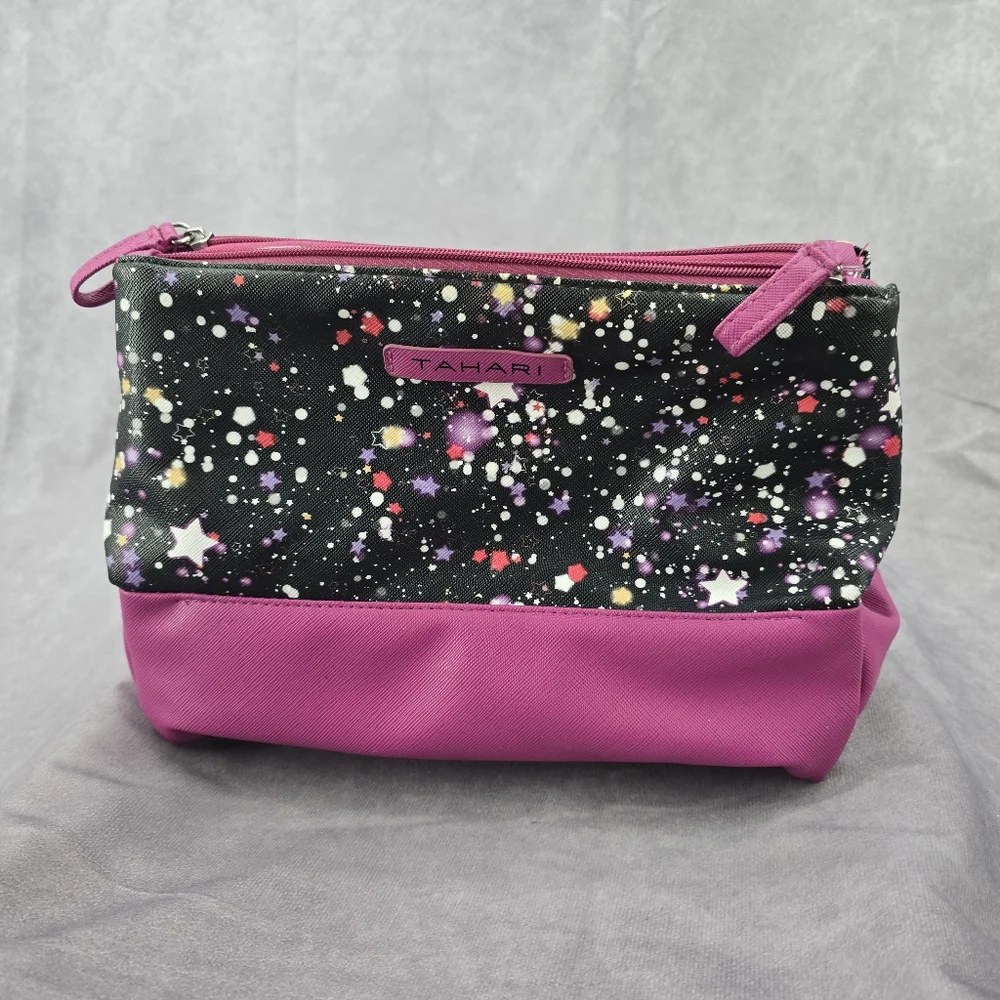 Tahari Purple Star Double Zipper Toiletries Snap‎ Makeup Cosmetics Bag